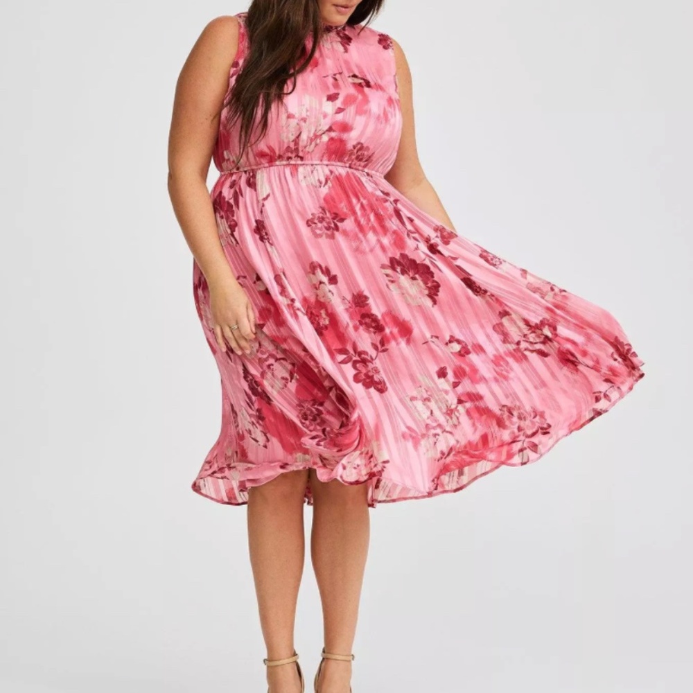 NWT Torrid Pink Floral A-line Midi Dress Size 1X High Neckline Sleeveless Easter